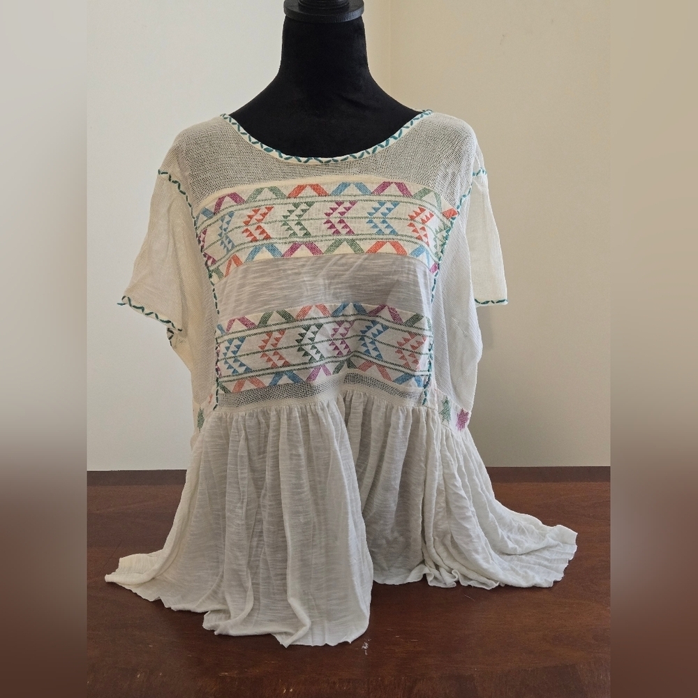 ✨FREE PEOPLE✨ Shenandoah Geometric Print Short Sleeve Babydoll Ivory Top Size XS - Picture 2 of 9